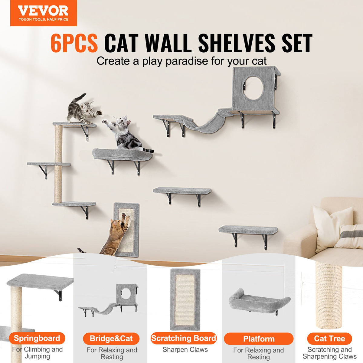 Wall-mounted cat shelves 6-piece set – image 1