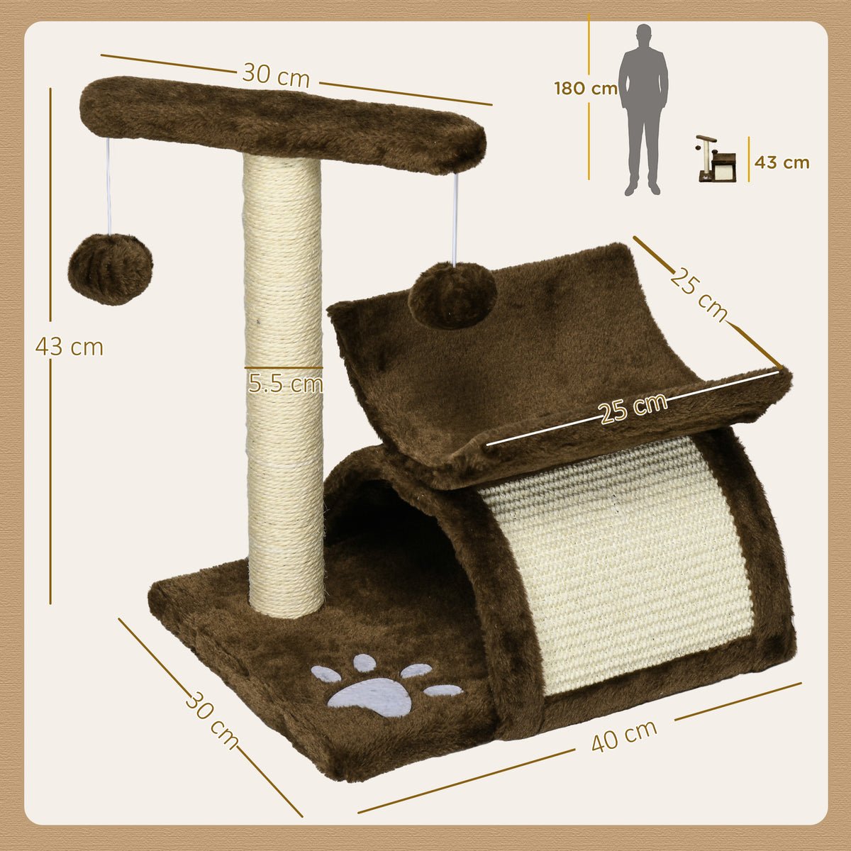 PawHut Cat Tree with Tunnel & Rotating Bar – Brown – product view 3