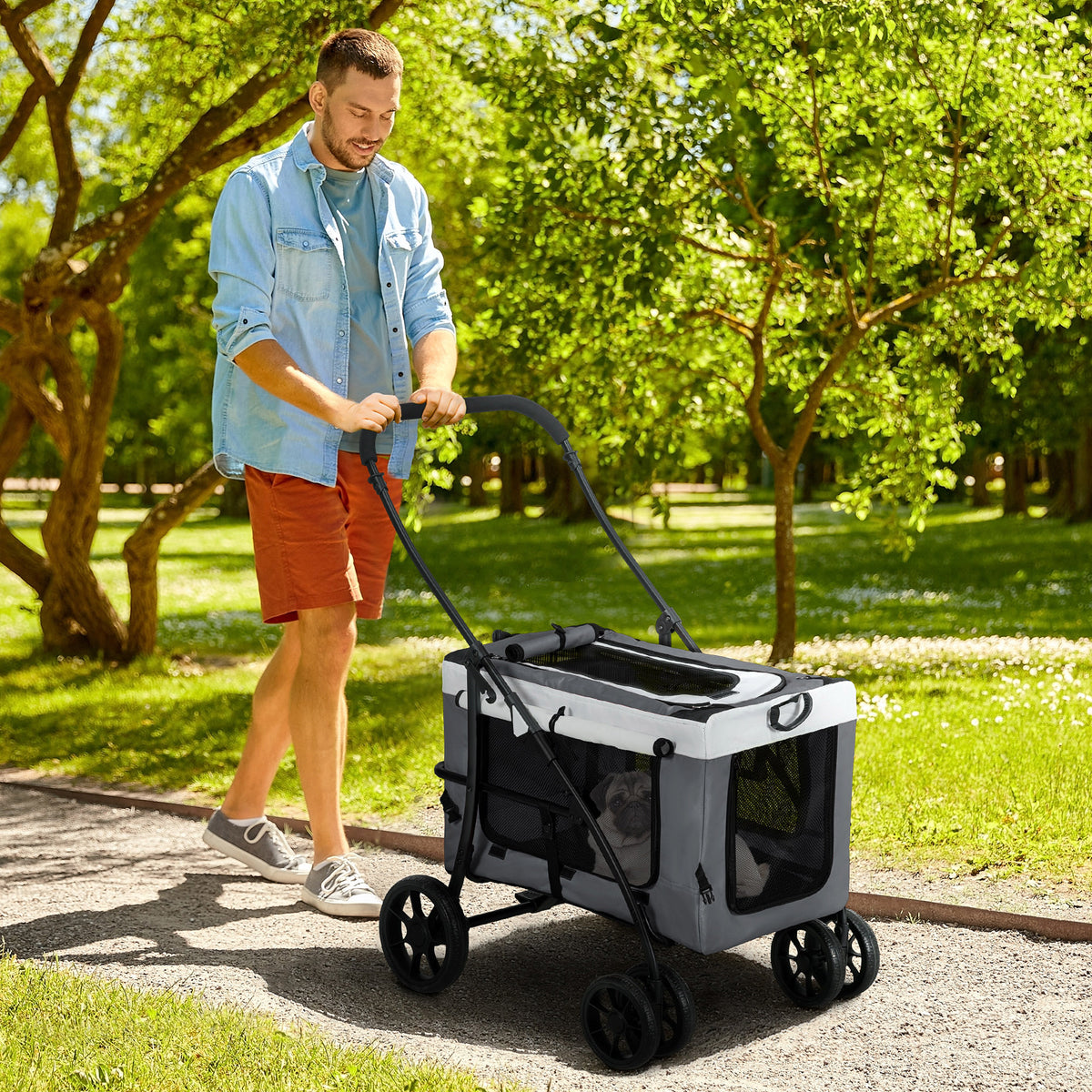 PawHut Dog Stroller with Detachable Carrier – Grey – product view 2