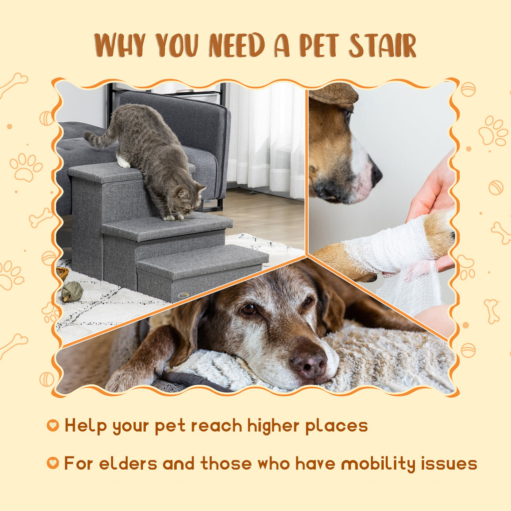 PawHut Three-Step Pet Stairs with Storage – Grey – product view 4