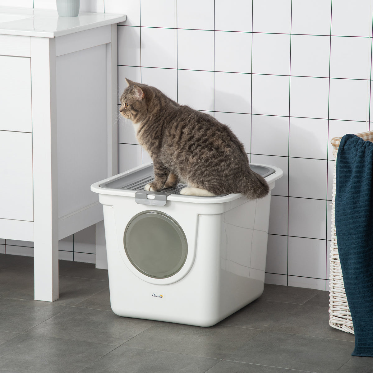 PawHut enclosed cat litter box white – image 5