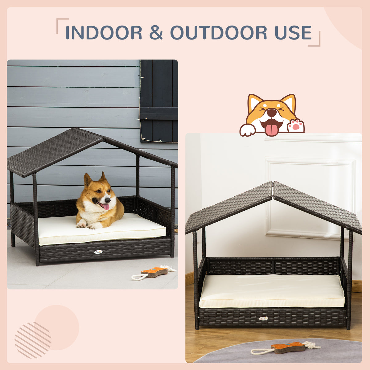 PawHut Rattan Dog Cabana with Cushion – Cream – product view 4