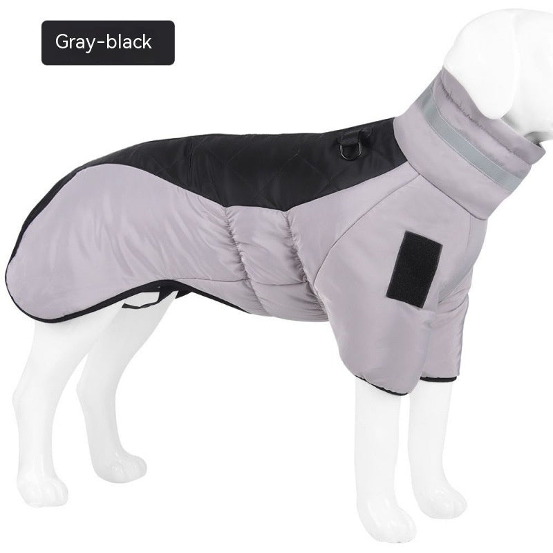 Grey and black padded dog coat, product view