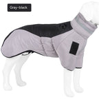 Grey and black padded dog coat, product view