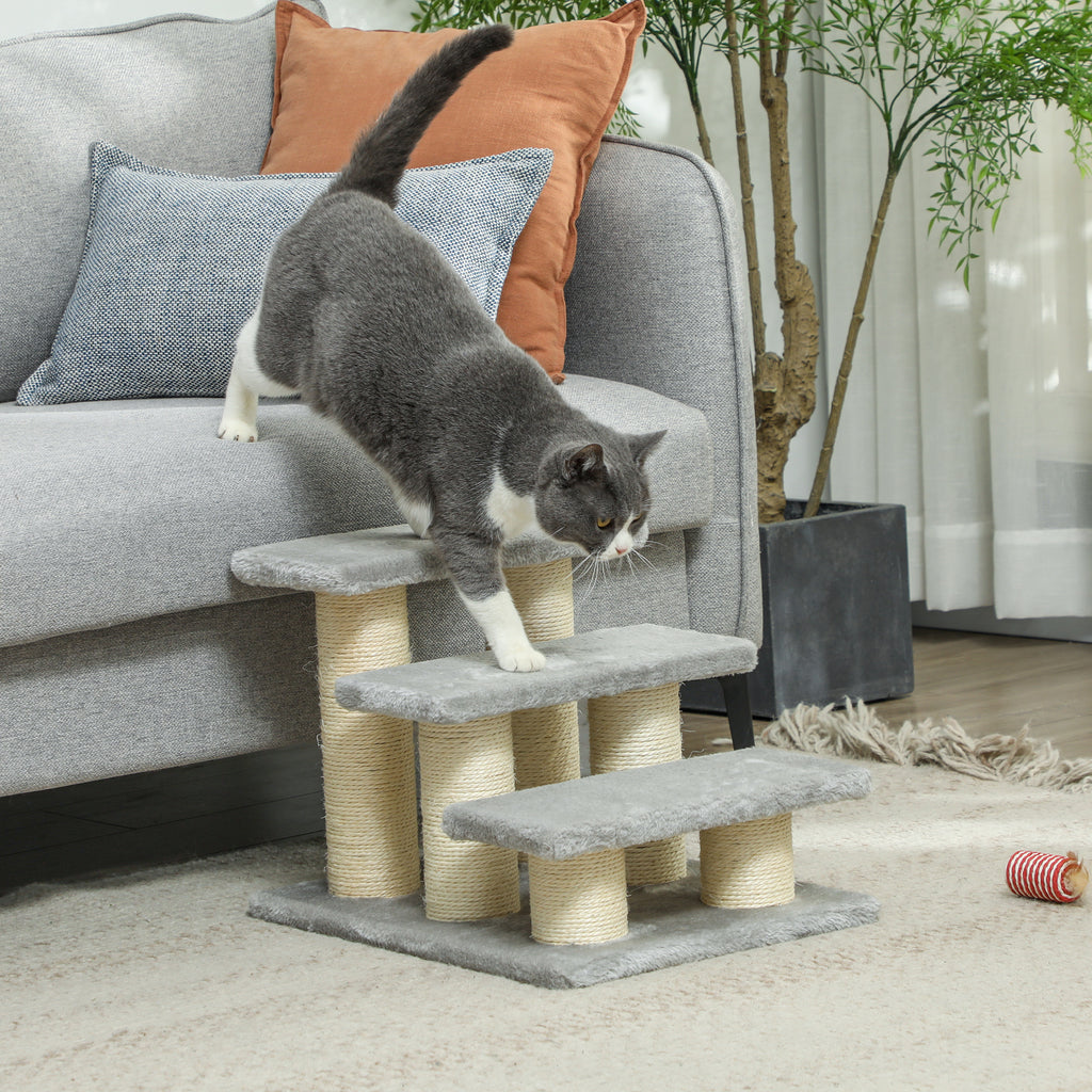 PawHut Three-Step Plush Pet Ladder – Grey – product view 2
