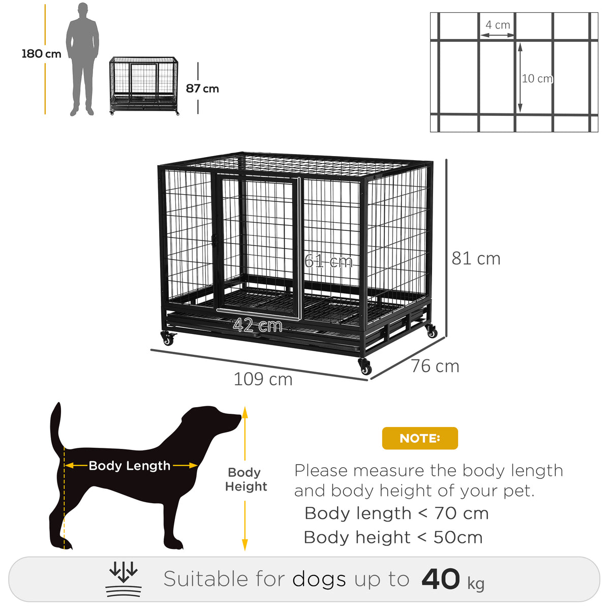 PawHut Heavy-Duty Dog Crate on Wheels – 109cm – product view 3
