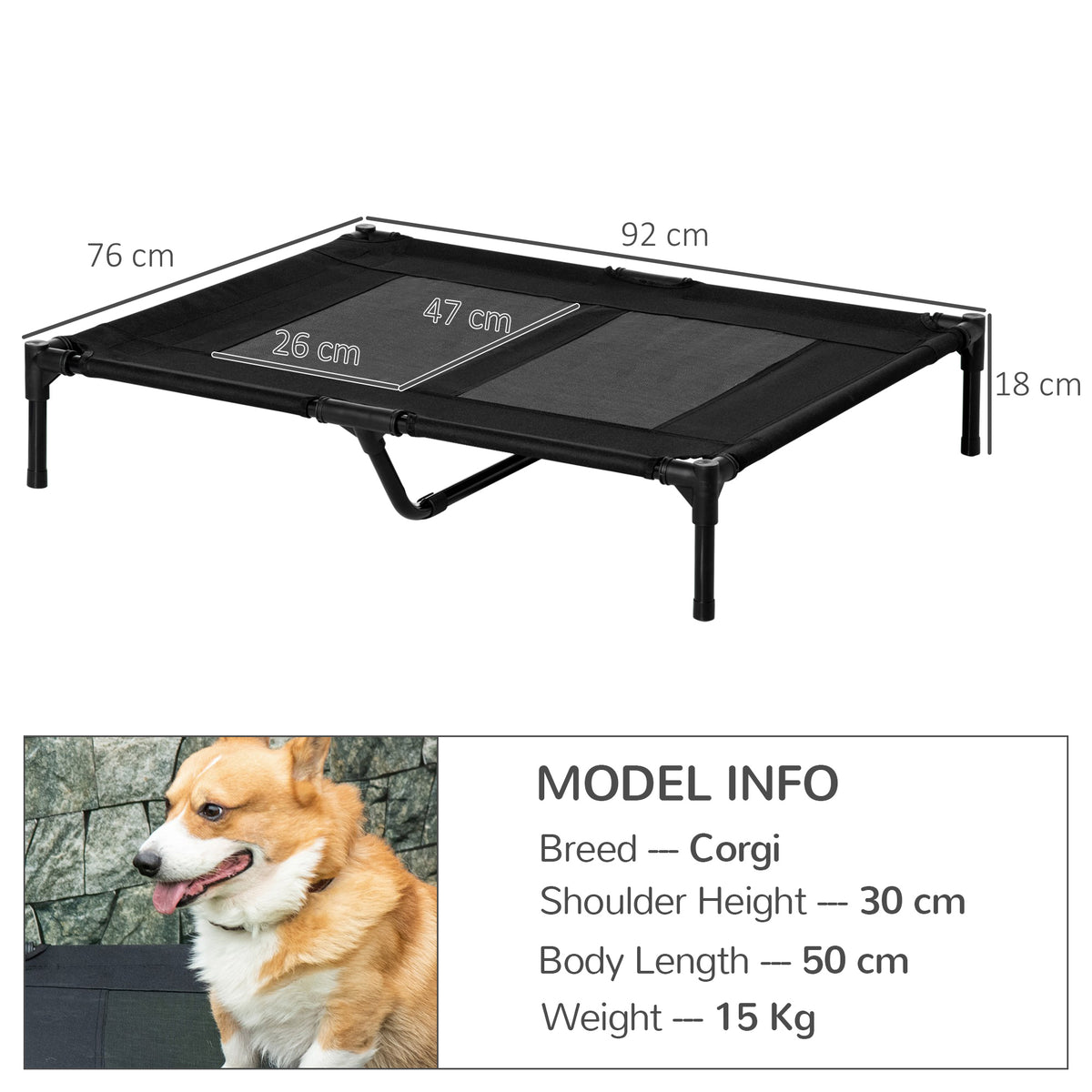 PawHut Raised Mesh Dog Bed – Black, 92cm – product view 3