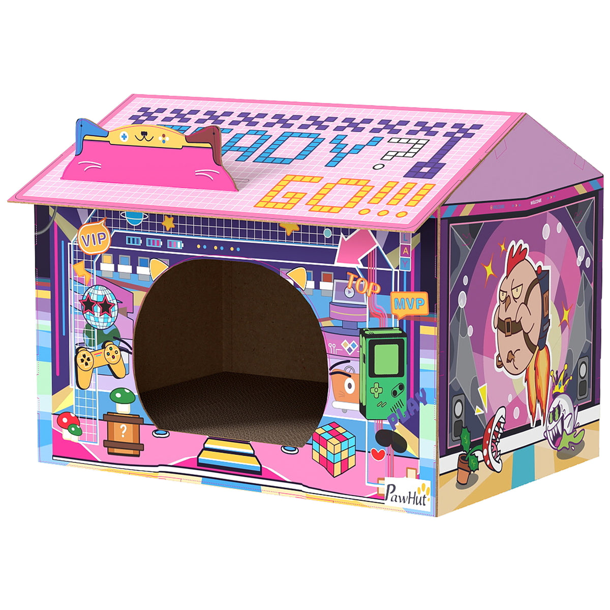 PawHut Arcade Cat House & Scratcher – Pink – product view 1