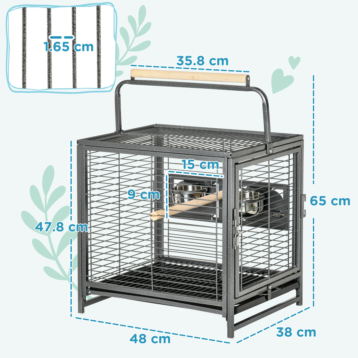 PawHut Bird Travel Cage with Bowls & Perches – product view 3