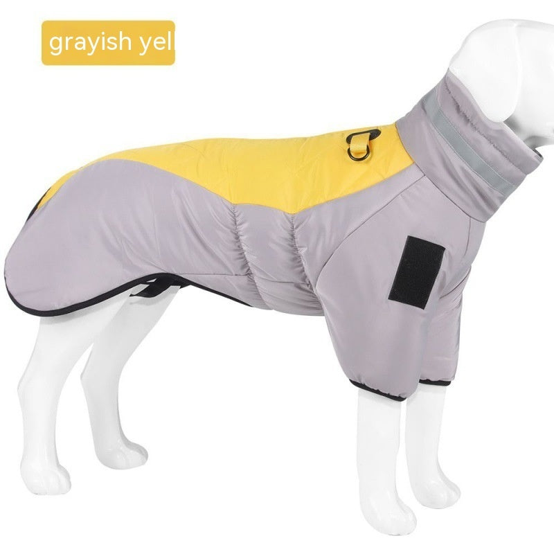 Grey and yellow padded dog coat on a display model