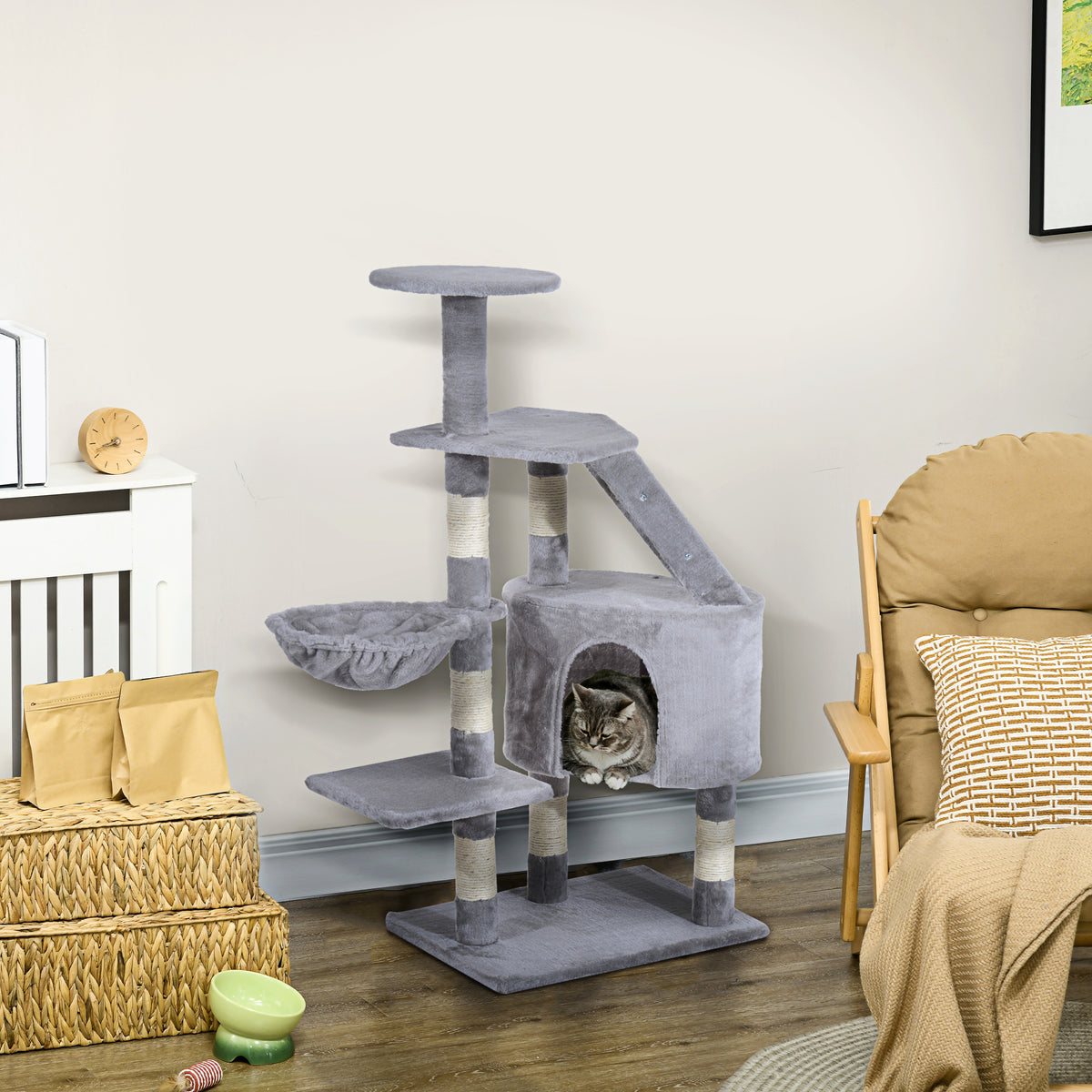 PawHut Cat Tree with Condo & Basket – Grey, 125cm – product view 2