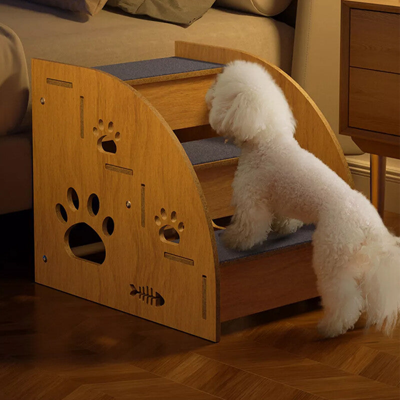 Three-step wooden pet stairs with carpeted treads